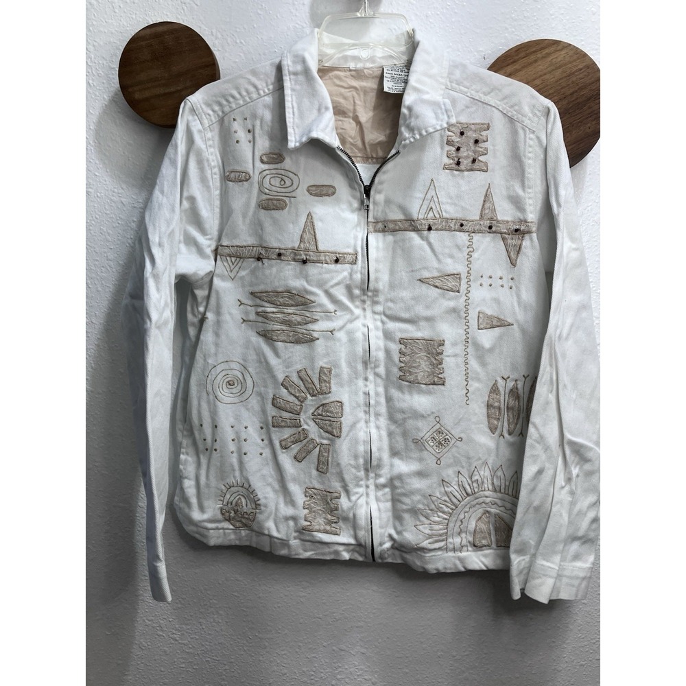 VTG White Stag Womans Denim Zip Front Aztec Jacket Embroidered Size Medium 8/10